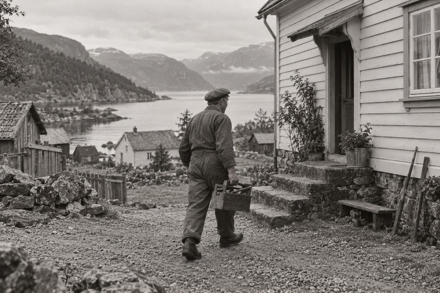 Røyrleggjar med verktøykasse ved eit eldre trehus, med fjord og fjell i bakgrunnen
